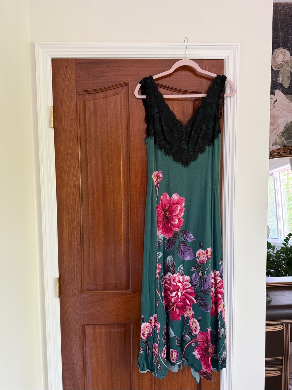 Anthropologie Green Floral Slip Dress with Black Lace Trim